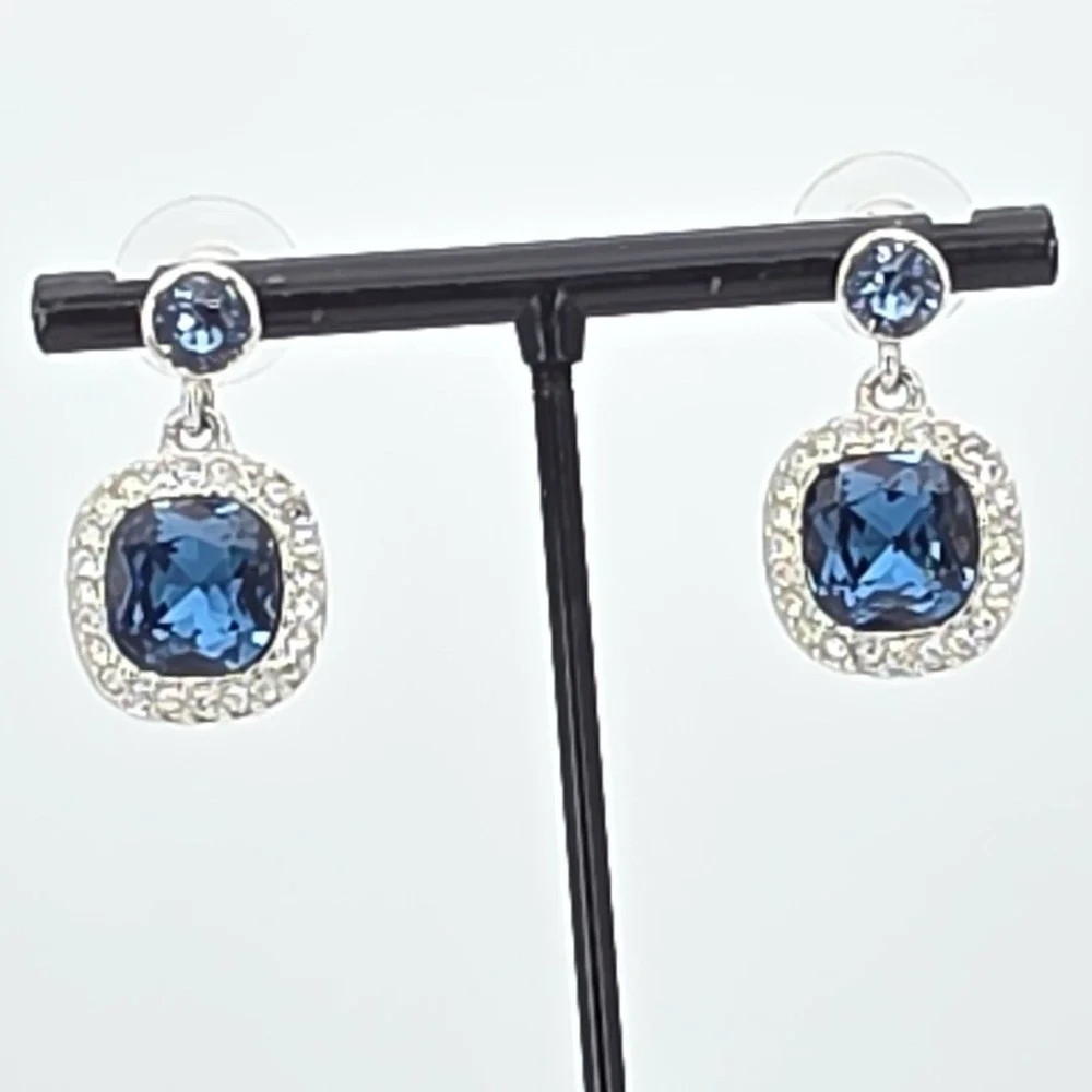 New! GIVENCHY Earrings SWAROVSKI Crystals Blue & Clear‎ Silver Plate Dangle Drop
